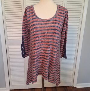 New Directions Red and Blue Striped Tunic Top with Lace Sleeves XL *A1